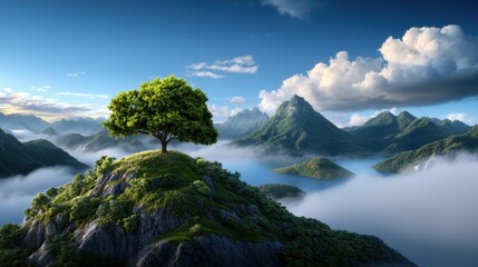Fototapeta premium Enchanting mountain landscape with a serene misty lake surrounded by lush green vegetation and towering peaks against a dramatic cloudy sky