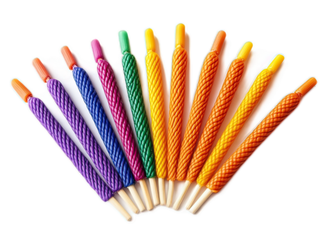 Beeswax birthday candles in rainbow colors, natural alternative with cotton wicks, celebration essential on white background