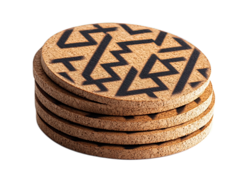 Natural cork coasters with geometric burned pattern, set of six stacked together, sustainable table protection on white background