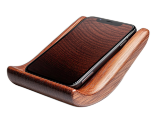 Wooden mobile phone stand with charger cable slot, desktop accessory with smooth sanded edges on white background