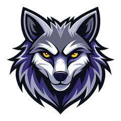 Fototapeta premium A digital illustration of a wolf head with purple and grey fur, featuring sharp, yellow eyes and a determined expression.