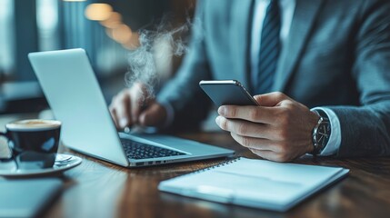 Busy businessman multitasking with laptop computer and smartphone device while working at desk in modern office workspace environment