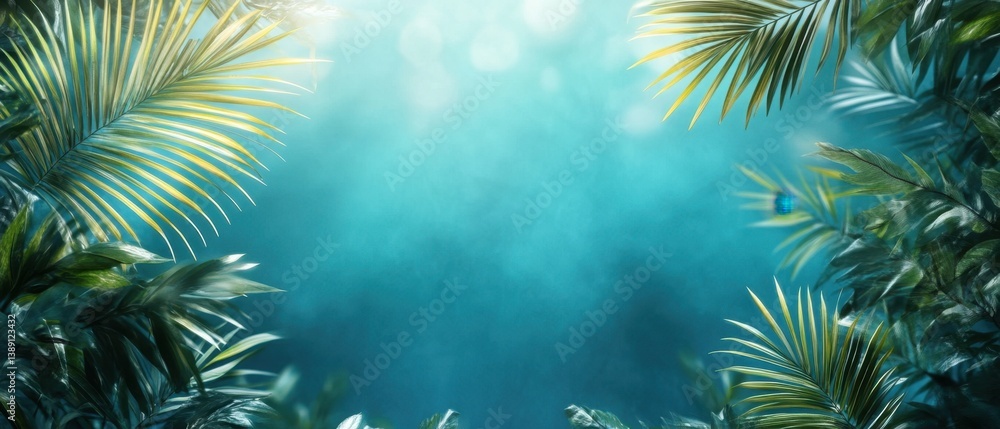 Poster lush tropical foliage against a serene turquoise backdrop creating a tranquil and inviting atmospher