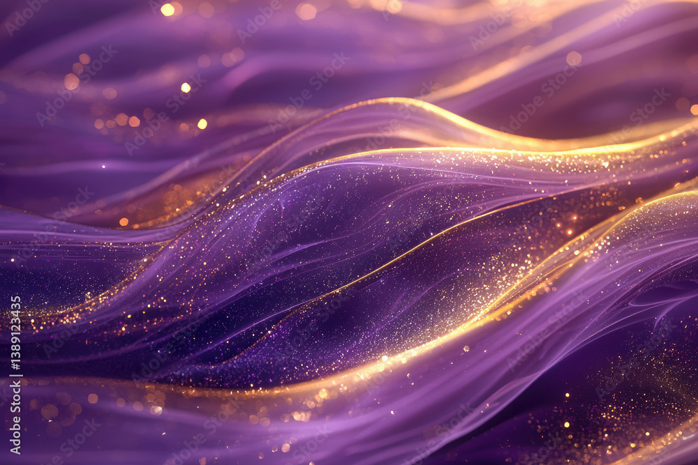 Poster abstract image of purple and gold shimmering waves, creating a luxurious and dreamy aesthetic.