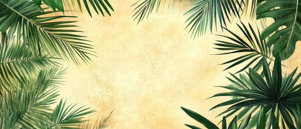 Aufkleber lush tropical foliage frame with monstera and palm leaves on a textured beige background creating a 