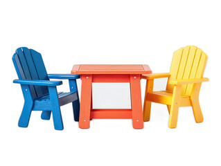 Fototapeta premium Recycled plastic outdoor dining set miniature, colorful children's furniture made from ocean plastic on white background
