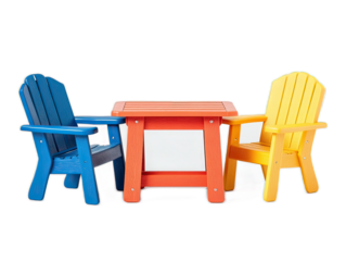 Recycled plastic outdoor dining set miniature, colorful children's furniture made from ocean plastic on white background