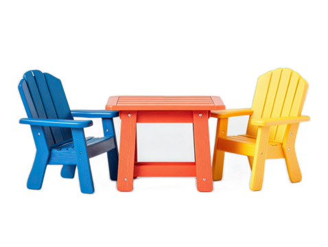 Recycled plastic outdoor dining set miniature, colorful children's furniture made from ocean plastic on white background