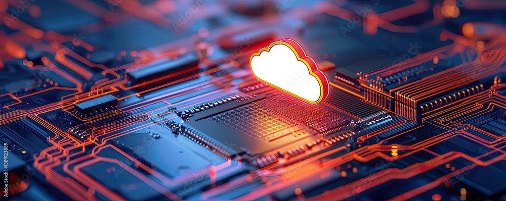 Poster clouds server intelligent innovation driving glowing system concept. abstract close-up of a glowing 