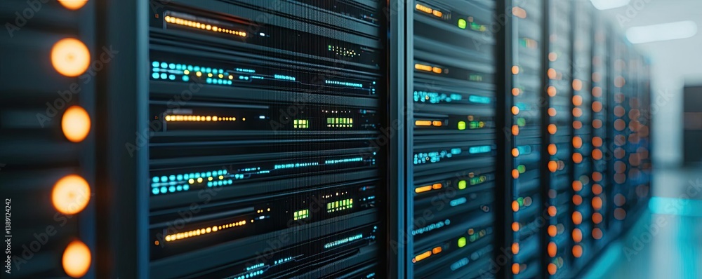 Poster cloud server intelligent driving innovation for systems concept. high-tech server room with illumina