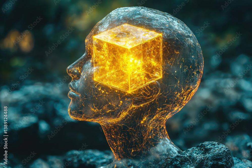 Poster a glowing cube illuminates a crystalline head, symbolizing intellect and enlightenment.