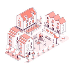Residential buildings with playground - vector isometric illustration