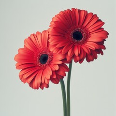 Delicate pair of vibrant red gerbera daisies radiating warmth against a soft neutral backdrop showcasing nature's beauty in a captivating floral arrangement