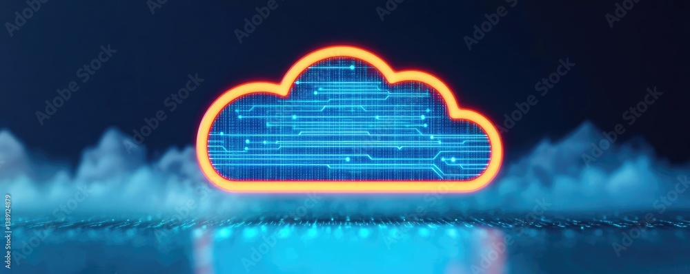 Poster clouds server intelligent innovation driving glowing system concept. digital cloud icon glowing with