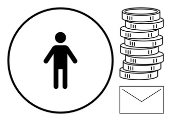 Human figure in circle beside coin stack and envelope symbolizing personal finance, wealth, and communication. Ideal for saving, budgeting, business, money management, teamwork or simplicity. Flat