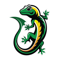 Naklejka premium A green and yellow gecko illustration, curled in a defensive posture, with claws outstretched, and a friendly, cartoonish expression.