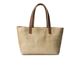 Natural sisal market bag with leather handles, shopping essential with structured bottom on white background