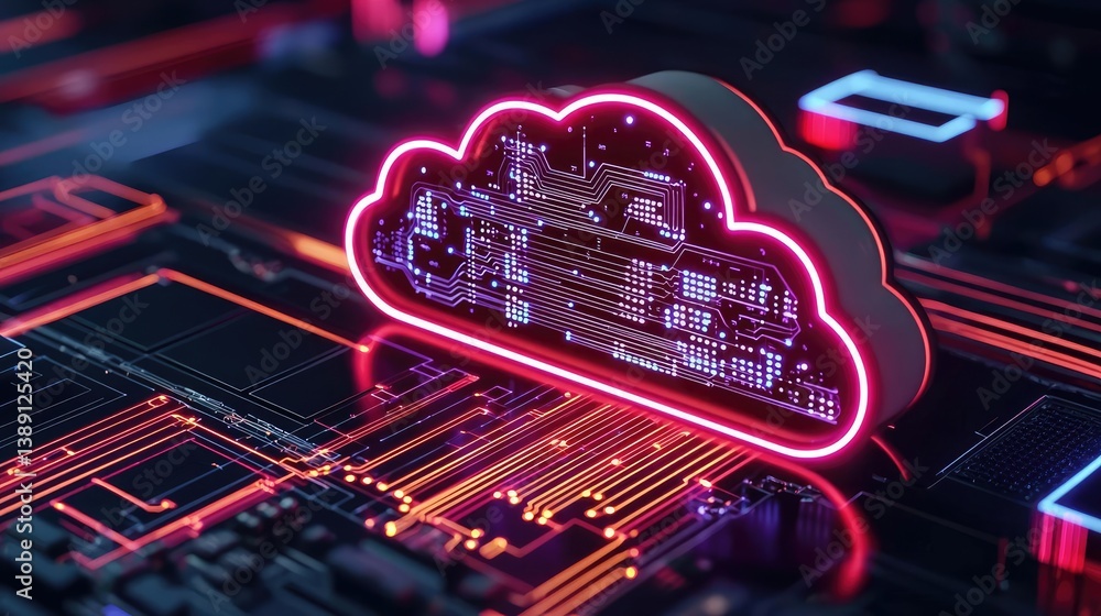 Poster clouds server intelligent innovation driving glowing system concept. futuristic cloud computing conc