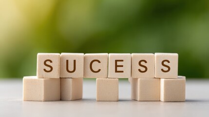 A close up view of the word SUCCESS spelled out using individual wooden tiles arranged on a flat surface representing the concept of accomplishment ambition and triumph