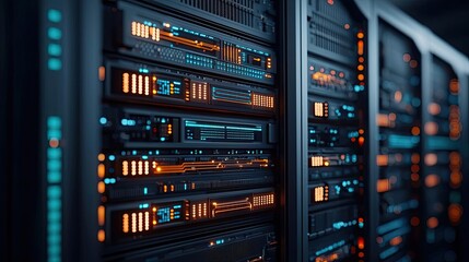 Naklejka premium Clouds server driving intelligent system for globalization concept. Close-up of a modern data center with illuminated server racks.