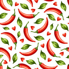 Red chili pepper, green basil leaves and hearts. Seamless pattern