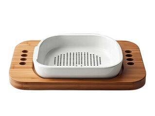 Bamboo over-sink cutting board with collapsible colander, space-saving kitchen tool with functional design on white background