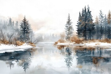 A watercolor painting showing a serene winter landscape scene