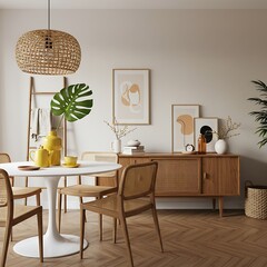 A sun-drenched dining room radiates warmth and serenity, featuring a stunning rattan pendant light above a stylish mid-century modern table and chairs with light wood tones.