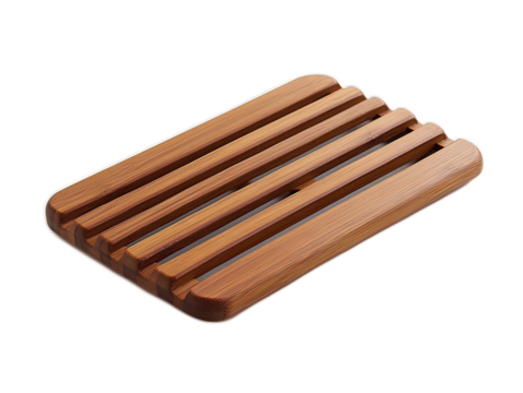 Bamboo laptop cooling pad with passive ventilation slots, sustainable tech accessory on white background