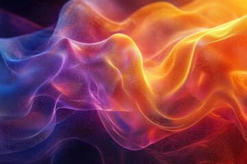 Abstract artwork depicting flowing, vibrant colors of purple, orange, and red, creating a dynamic, ethereal visual.