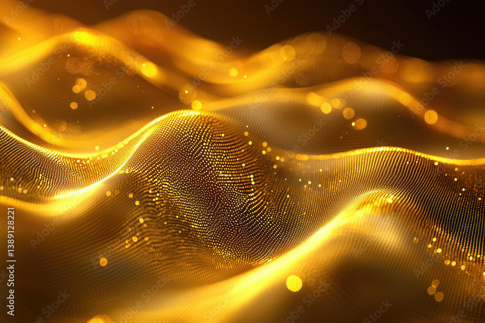 Poster abstract golden wave background, shimmering particles and bokeh effect, luxurious and elegant.