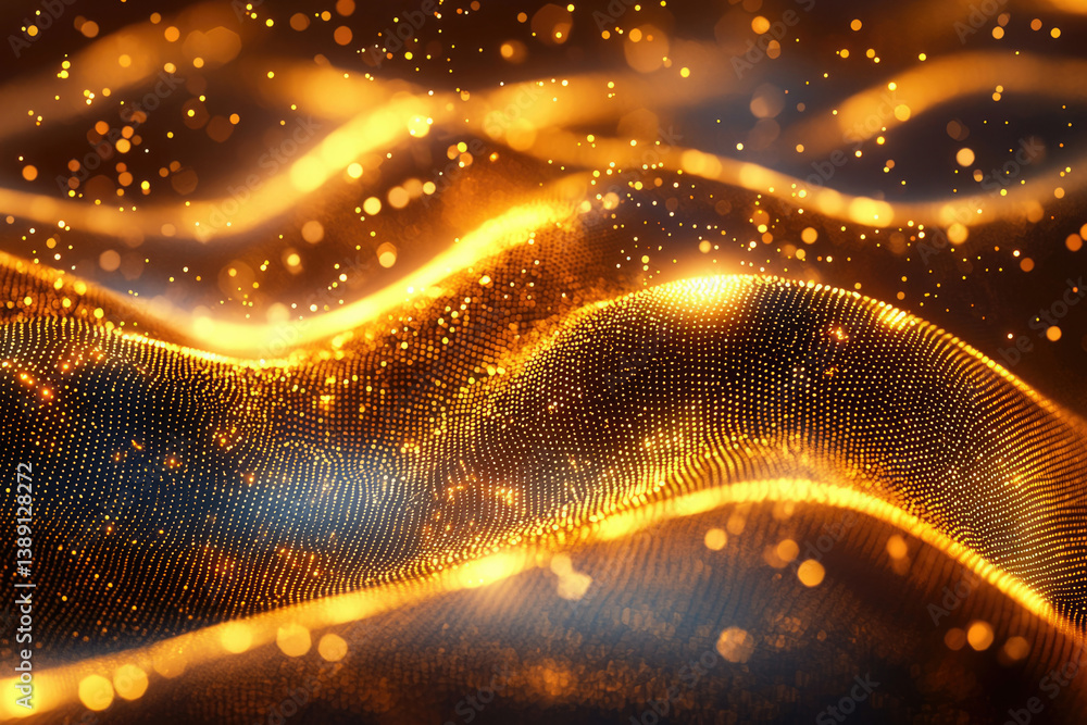Poster Golden particles forming dynamic waves, creating a luxurious and abstract background.