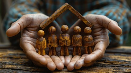 A close-up of hands forming a roof shape over wooden icons of people, representing protection