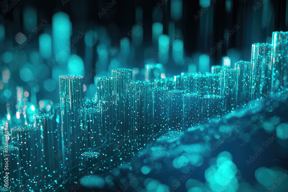 Poster Abstract digital cityscape, glowing teal data structures resembling futuristic buildings or a network.