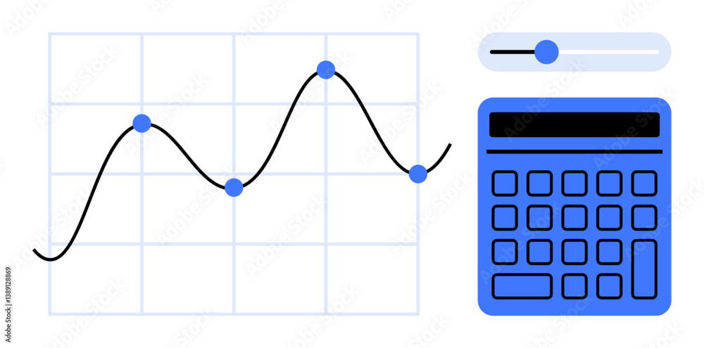 Poster line graph with blue data points, calculator, adjustable slider for customization. ideal for finance