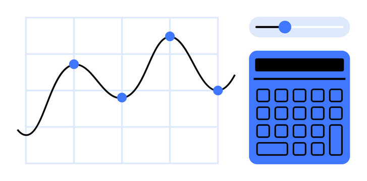 Line graph with blue data points, calculator, adjustable slider for customization. Ideal for finance, budgeting, investments, statistics, education planning strategy. Flat simple metaphor