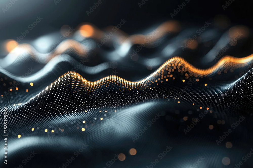 Poster Abstract digital landscape with glowing particles forming undulating waves, evoking data flow and technology.