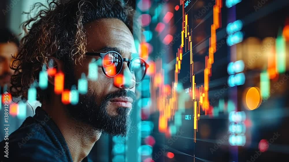 Poster focused man analyzing financial data on a large screen