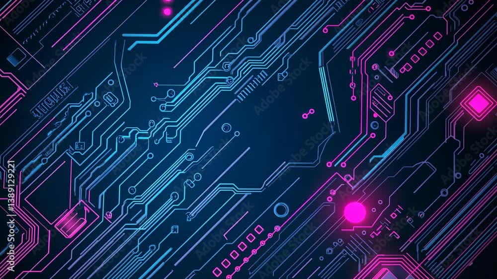 Poster futuristic cybernetic circuit board background with neon glowing lines and pathways, advanced techno