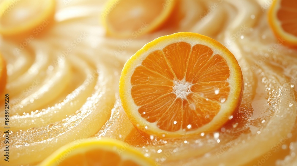 Poster vibrant orange slices on a textured juice background create a refreshing and bright visual mood with