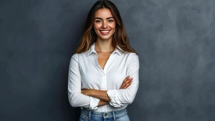 A radiant woman long brown hair, dressed crisp white shirt , jeans, confidently smiles her arms crossed. Set against textured gray background, portrait highlights her natural beauty , professional