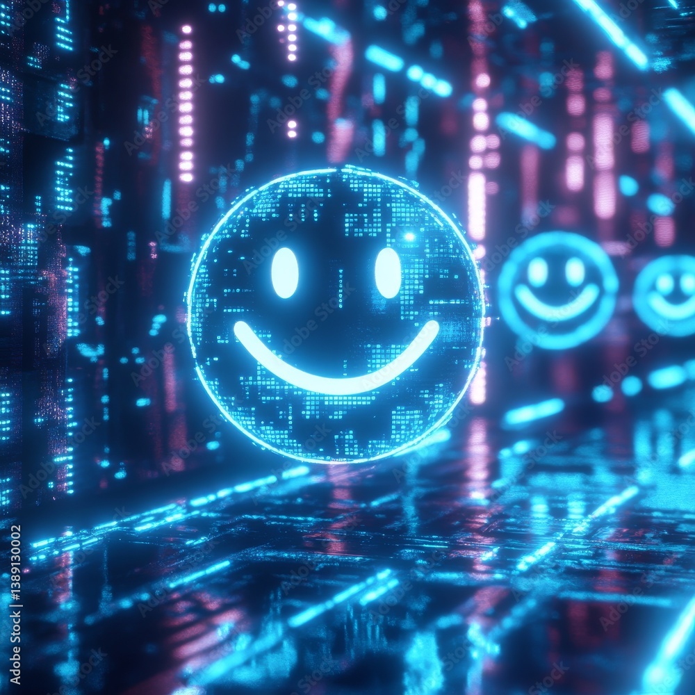Poster Cybernetic Smileys: A Neon-Lit Digital World of Emojis with Abstract Data Streams and Futuristic Tech.