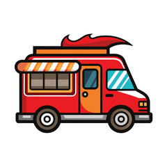 An illustration of a red food truck with a flame design on the roof and a striped awning above the window.