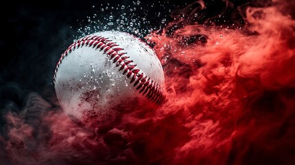 White baseball ball colliding with vibrant multi-colored red vapor and dramatic water splashes on a black isolated background