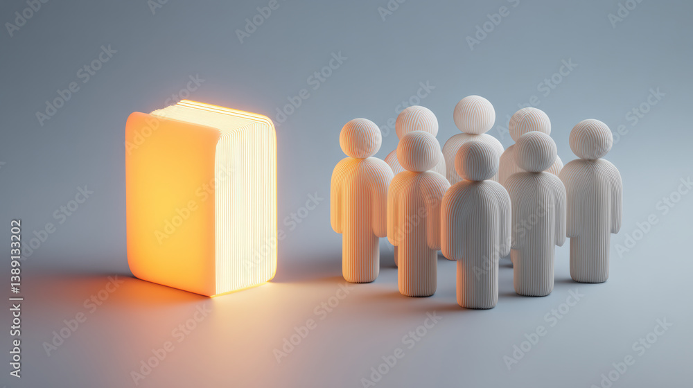 Poster glowing book icon illuminates group of stylized figures, symbolizing knowledge and community. scene 