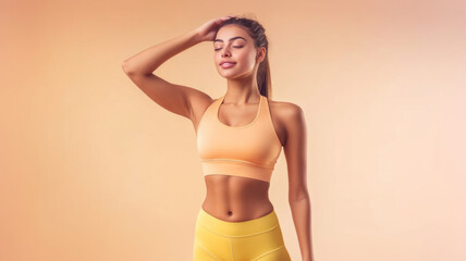 A woman stands gracefully with her hand on her head in a relaxed pose, wearing sporty attire that complements her fit figure. The background features soft pastel colors, enhancing the scene.