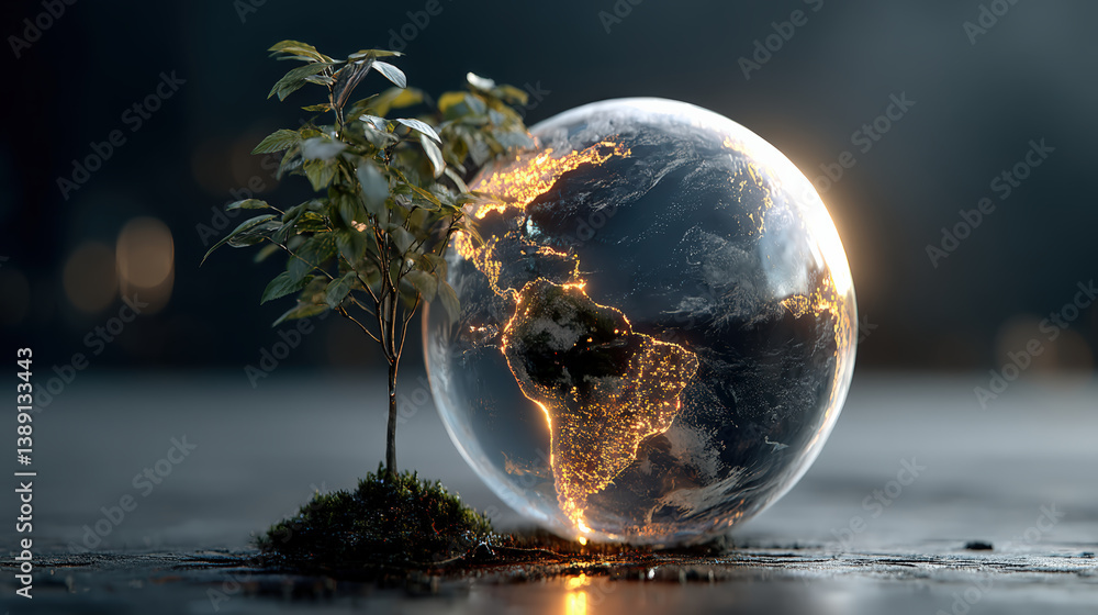 Poster glowing earth globe with illuminated continents stands beside young tree sprouting from small patch 