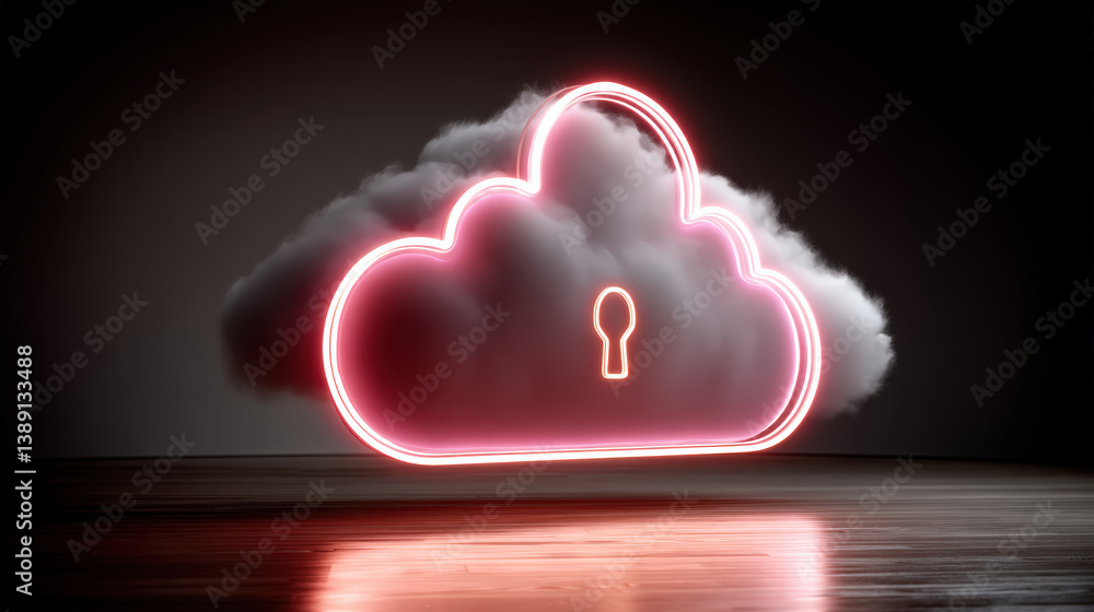 Poster glowing cloud icon with padlock floats in dark space, symbolizing secure cloud storage. neon outline contrasts with soft cloud texture, creating futuristic feel