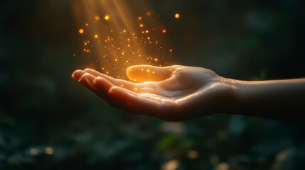 Hand offering light. Sunbeams create sparkling particles. Forest background, creating natural magic