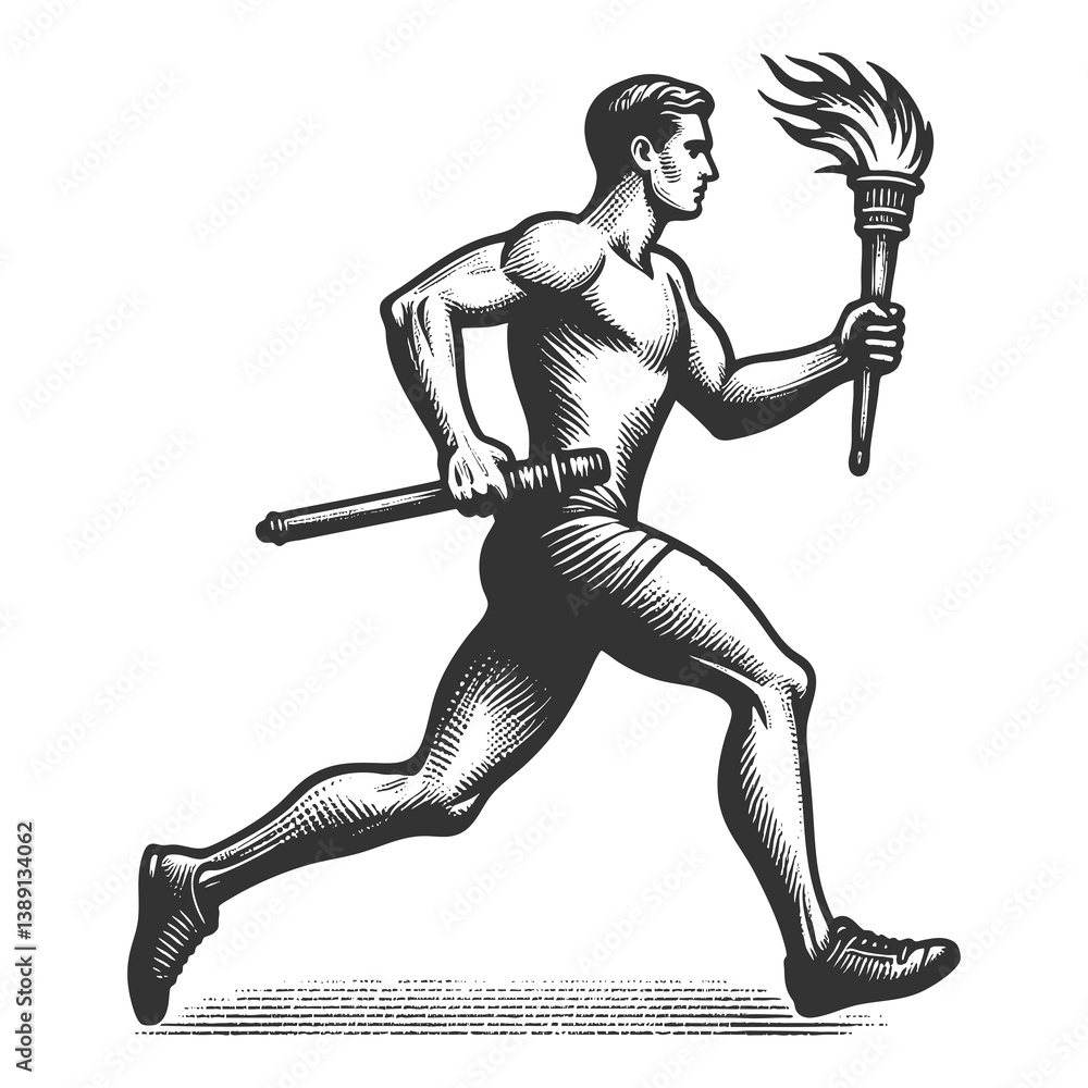 Poster male athlete running with a flaming torch, symbolizing determination and achievement sketch engravin